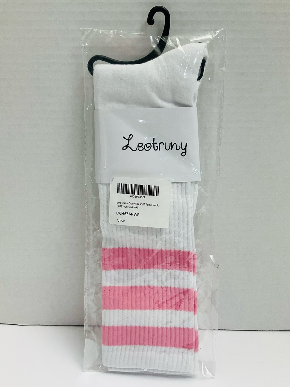 🌼4/$10🌼 NIP LEOTRUNY White Over The Calf Tube Socks Baby Pink Stripes Womens OS